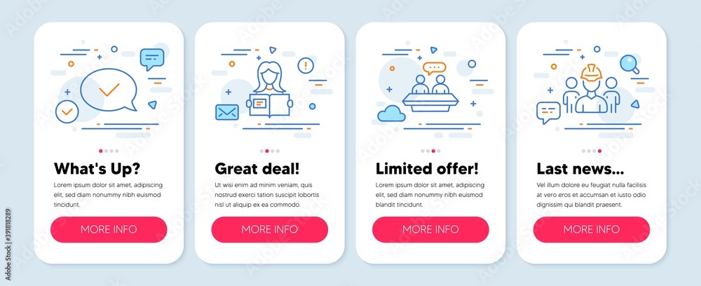 Set of Business icons, such as Approved message, Employees talk, Woman read symbols. Mobile screen banners. Engineering team line icons. Accepted chat, Collaboration, Girl studying. Vector
