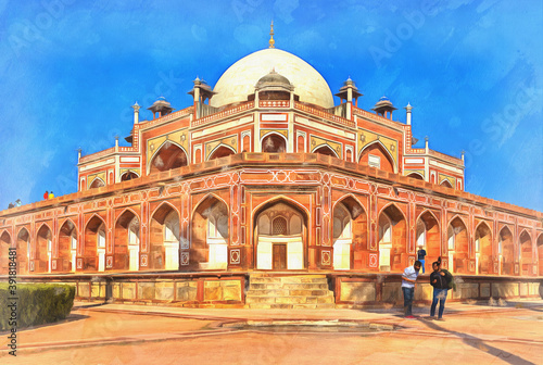 Colorful painting of Humayun's tomb, 1570s, Delhi, India © idea_studio