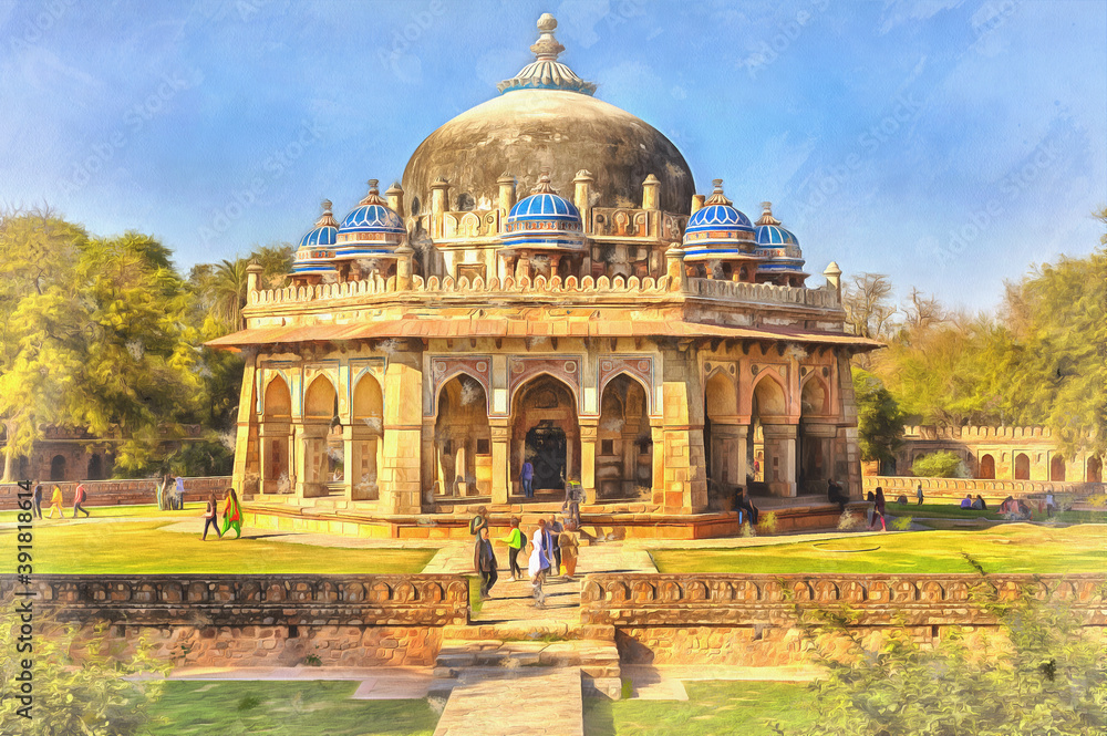 Fototapeta premium Colorful painting of Isa Khan Niazi Tomb, Delhi, India