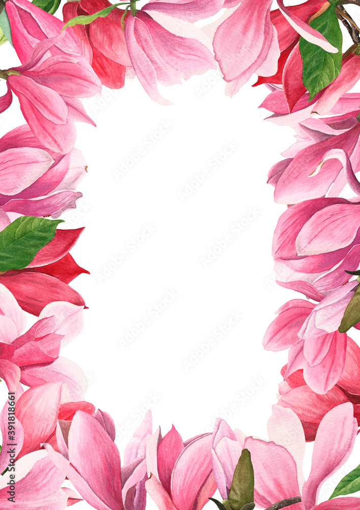 Naklejka premium Watercolor Magnolia frame with plants and leaves.