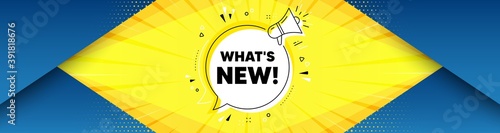 Whats new symbol. Background with offer speech bubble. Special offer sign. New arrivals symbol. Best advertising coupon banner. Whats new badge shape message. Abstract yellow background. Vector