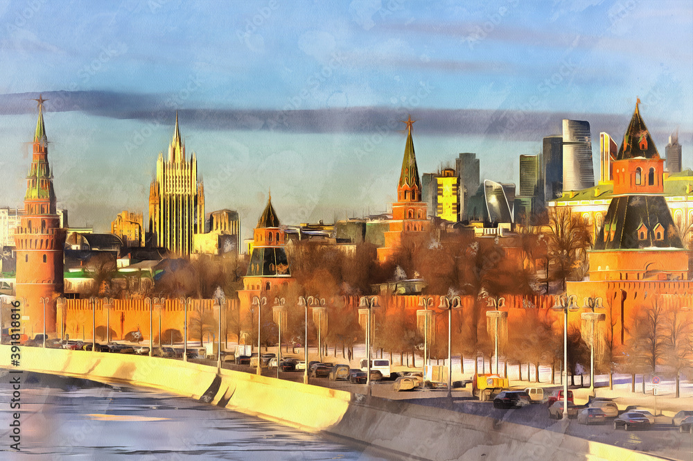 Obraz premium Cityscape with Kremlin and Moskva river colorful painting looks like picture