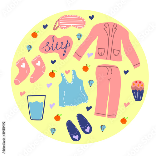 Hand drawn set of items for pajama party, sweet dreams concept, cozy. pajamas, t-shirt, eye mask, Slippers, glass of water, warm socks. Flat illustration.