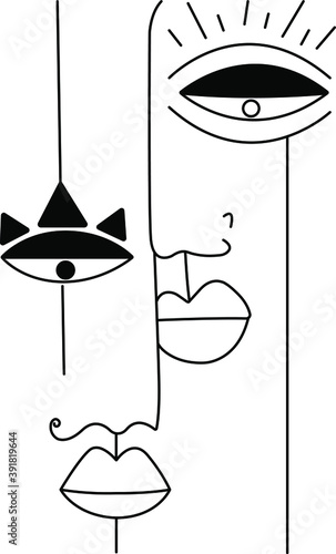 Abstract creative minimalist faces. One line drawing