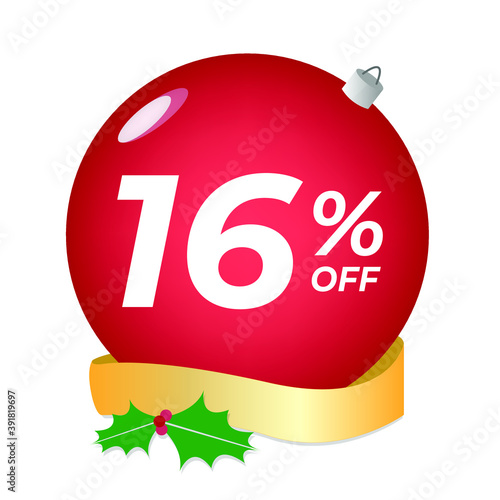 16% off. Sixteen percent discount. Christmas sale banner. Red bubble with ornaments on a white background vector.