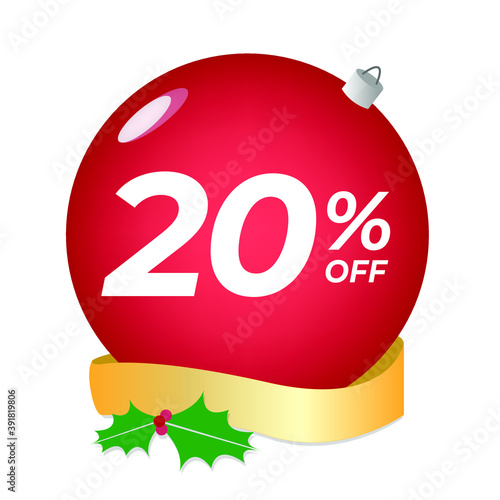 20% off. Twenty percent discount. Christmas sale banner. Red bubble with ornaments on a white background vector.