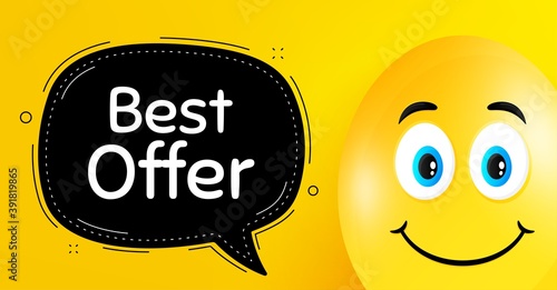 Best offer. Easter egg with smile face. Special price Sale sign. Advertising Discounts symbol. Easter smile character. Best offer black speech bubble. Yellow egg background. Vector