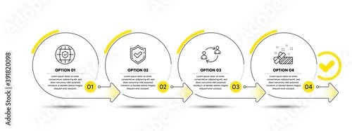Global insurance, User communication and Confirmed line icons set. Timeline process infograph. Present sign. Full coverage, Human resources, Accepted message. Gift. Vector