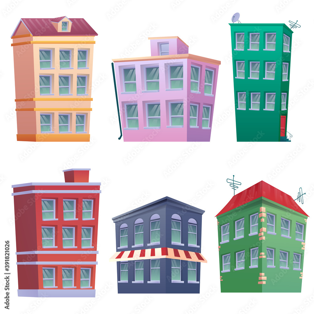 Set of 8 colorfully residential houses set