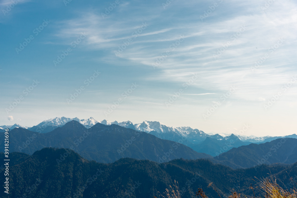 The Alps view, blue mountains horizon.