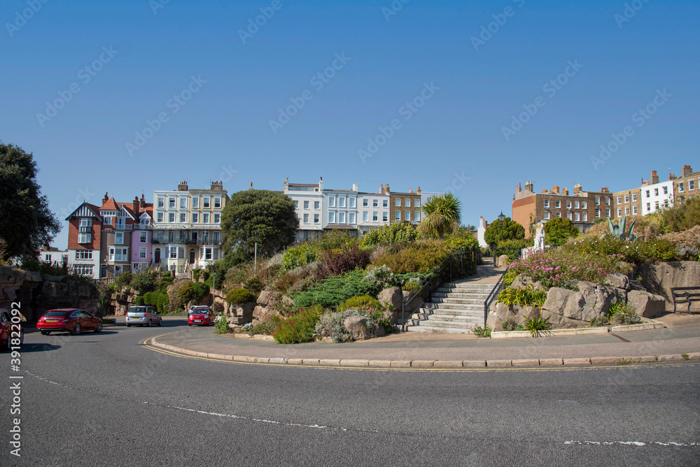 Ramsgate, Kent, England, UK. 2020.  Housing and homes overlook the Albion Place Gardens close to the town centre of Ramsgate.
