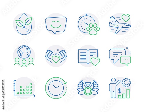 Business icons set. Included icon as Dot plot, Laureate medal, Dog competition signs. Hold heart, Love book, Honeymoon travel symbols. Global business, Organic product, Time change. Vector