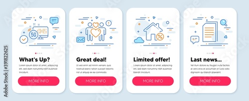 Set of line icons, such as Loan house, 5g internet, Love couple symbols. Mobile screen mockup banners. Copy files line icons. Discount percent, Wifi connection, Lovers. Copying documents. Vector