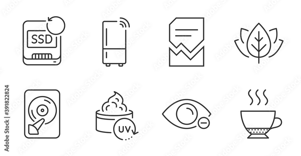 Fototapeta premium Myopia, Recovery ssd and Hdd line icons set. Uv protection, Corrupted file and Espresso signs. Refrigerator, Organic tested symbols. Eye vision, Backup info, Memory disk. Quality line icons. Vector