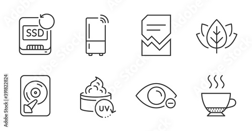 Myopia, Recovery ssd and Hdd line icons set. Uv protection, Corrupted file and Espresso signs. Refrigerator, Organic tested symbols. Eye vision, Backup info, Memory disk. Quality line icons. Vector
