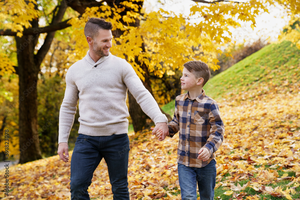 Happy family father and child boy in the autumn leaf fall in park holding hand together Happy family father and child boy in the autumn leaf fall in park holding hand together