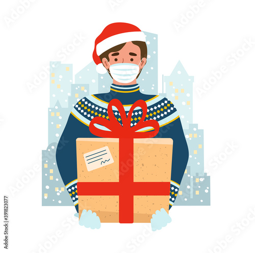 Courier wearing medical mask and gloves with gift box. Delivery man in a scandinavian sweater and a Santa hat staying on the winter city background. Vector flat illustration.