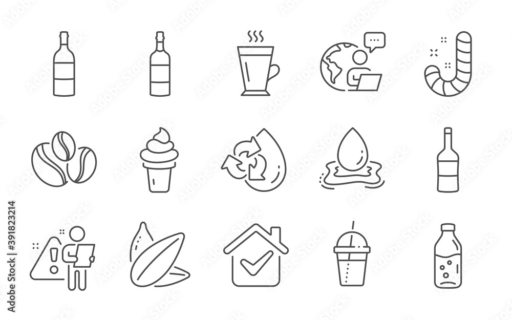 Wine, Ice cream and Water splash line icons set. Coffee-berry beans, Latte and Coffee cocktail signs. Water bottle, Brandy bottle and Candy symbols. Sunflower seed. Vanilla waffle, Aqua drop. Vector Wine, Ice cream and Water splash line icons set. Coffee-berry beans, Latte and Coffee cocktail signs. Water bottle, Brandy bottle and Candy symbols. Sunflower seed. Vanilla waffle, Aqua drop. Vector