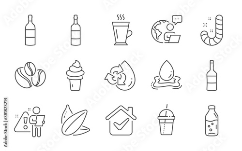 Wine, Ice cream and Water splash line icons set. Coffee-berry beans, Latte and Coffee cocktail signs. Water bottle, Brandy bottle and Candy symbols. Sunflower seed. Vanilla waffle, Aqua drop. Vector