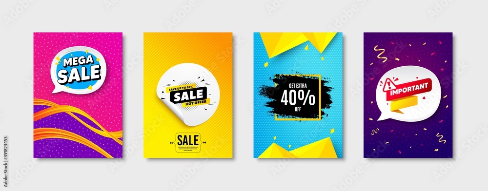 Hot offer, Mega sale and Extra discount set. Sticker template layout. Important sign. Sale offer, discount sticker, paint brush banner. Attention or caution tag. Speech bubble banner. Vector