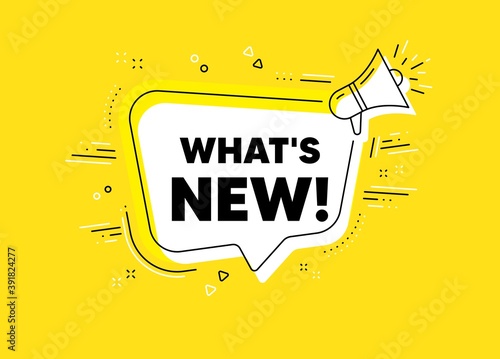 Whats new symbol. Megaphone yellow vector banner. Special offer sign. New arrivals symbol. Thought speech bubble with quotes. Whats new chat think megaphone message. Vector