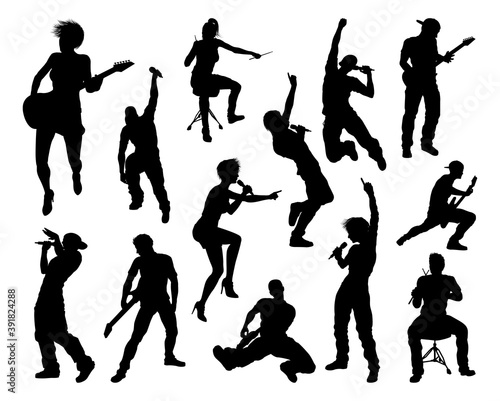 A set of musicians, rock or pop band singers, drummers, and guitarists high quality silhouettes