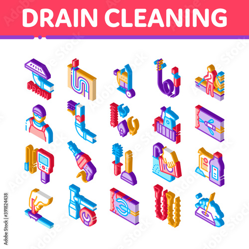 Drain Cleaning Service Icons Set Vector. Isometric Drain System Clean Equipment And Agent Cleanser, Worker Cleaner Plumber Illustrations