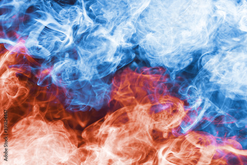 Blue and red smoke background. Air gas swirl texture. Vapour isolated on black. Chaos background. Steam shape flowing motion backdrop. Colorful flow background.