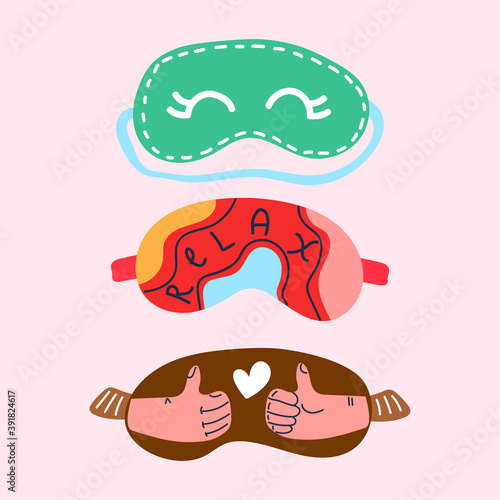 Set of hand drawn sleep eye mask with cute print. Protection and relaxation at home, on the road, on a trip. Flat illustration.
