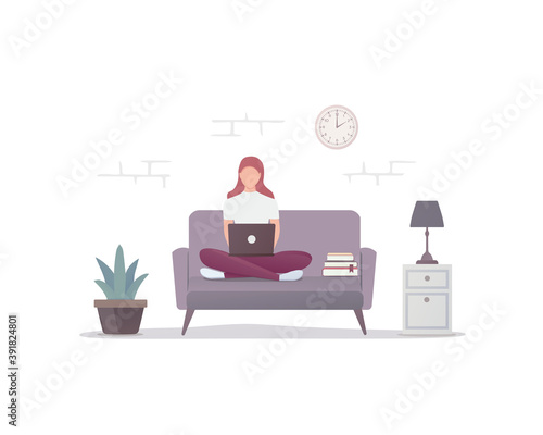 Work and study at home. Flat illustration of workplace. A girl with a laptop works sitting on the sofa. Isolated on white background. 