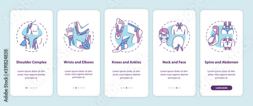 Muscle complex onboarding mobile app page screen with concepts. Body health. Kinesiology tape walkthrough 5 steps graphic instructions. UI vector template with RGB color illustrations