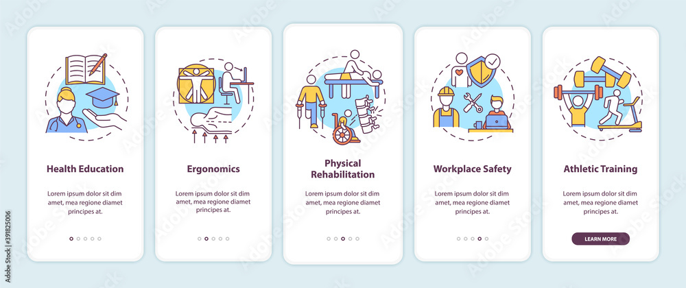 Health education onboarding mobile app page screen with concepts. Ergonomic workplace. Kinesiology walkthrough 5 steps graphic instructions. UI vector template with RGB color illustrations