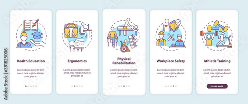 Health education onboarding mobile app page screen with concepts. Ergonomic workplace. Kinesiology walkthrough 5 steps graphic instructions. UI vector template with RGB color illustrations