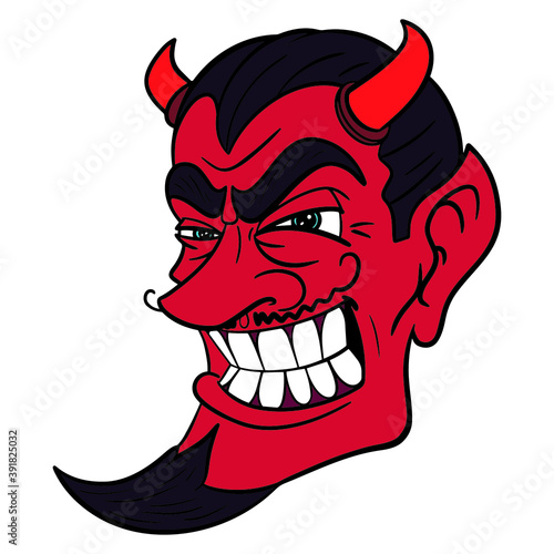 evil laughing devil head with red horns and beard.