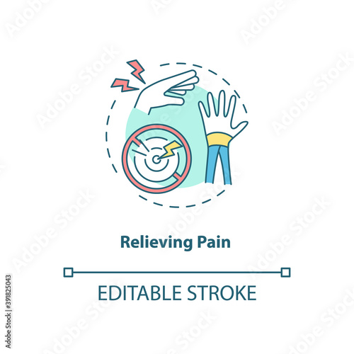 Relieve pain concept icon. Injury recovery. Inflammation point in body. Reduce sprain. Kinesiology idea thin line illustration. Vector isolated outline RGB color drawing. Editable stroke