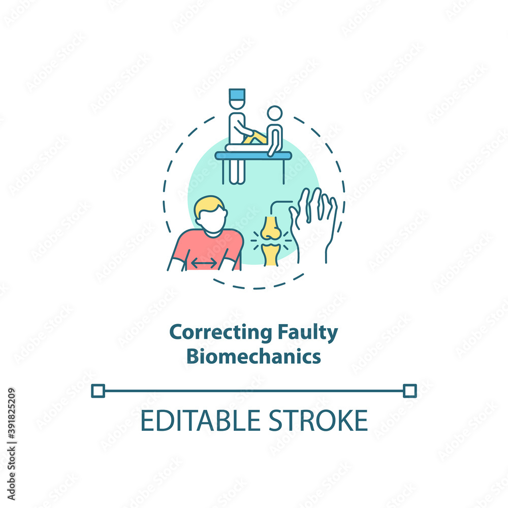 Correcting faulty biomechanics concept icon. Physical rehabilitation with therapist. Kinesiology treatment idea thin line illustration. Vector isolated outline RGB color drawing. Editable stroke Correcting faulty biomechanics concept icon. Physical rehabilitation with therapist. Kinesiology treatment idea thin line illustration. Vector isolated outline RGB color drawing. Editable stroke