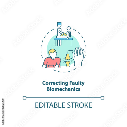 Correcting faulty biomechanics concept icon. Physical rehabilitation with therapist. Kinesiology treatment idea thin line illustration. Vector isolated outline RGB color drawing. Editable stroke