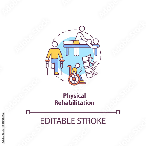 Physical rehabilitation concept icon. Physiology therapist. Trauma recovery. Clinical treatment. Kinesiology idea thin line illustration. Vector isolated outline RGB color drawing. Editable stroke