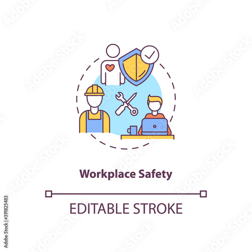 Workplace safety concept icon. Worker health insurance. Office regulation. Protection instruction. Kinesiology idea thin line illustration. Vector isolated outline RGB color drawing. Editable stroke