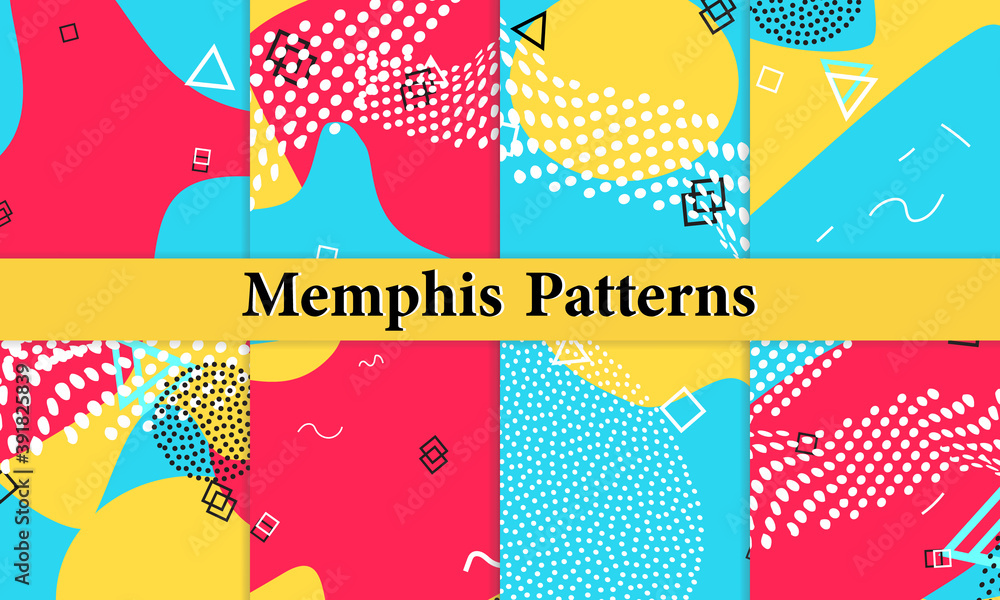 Naklejka Set of Memphis Pattern. Fun Background. Red, Blue, Yellow Colors. Memphis Style Patterns.