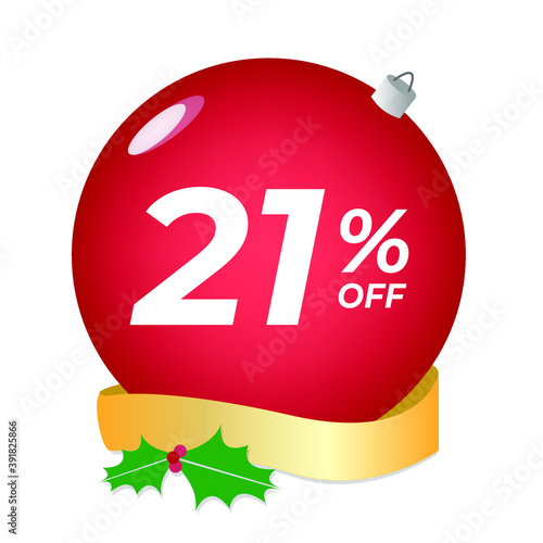 21% off. Twenty-one percent discount. Christmas sale banner. Red bubble with ornaments on a white background vector.