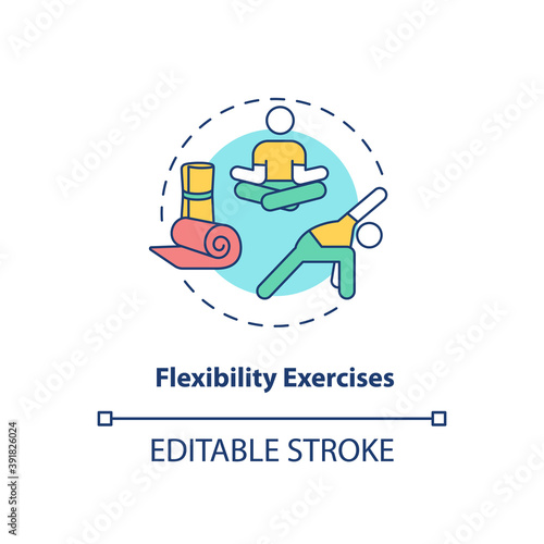 Flexibility exercises concept icon. Stretching workout. Body wellness. Yoga pose. Kinesiology idea thin line illustration. Vector isolated outline RGB color drawing. Editable stroke