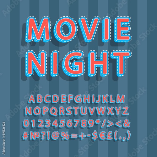 Movie night vintage 3d vector alphabet set. Retro bold font, typeface. Pop art stylized lettering. Old school style letters, numbers, symbols pack. 90s, 80s creative typeset design template