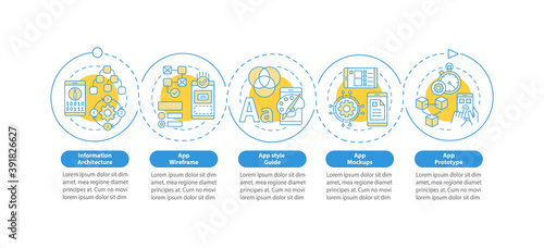 UI and UX design steps vector infographic template. App style guide presentation design elements. Data visualization with 5 steps. Process timeline chart. Workflow layout with linear icons