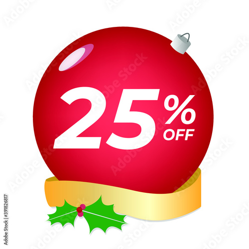 25% off. Twenty-five percent discount. Christmas sale banner. Red bubble with ornaments on a white background vector.