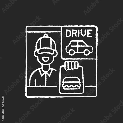 Drive through window chalk white icon on black background. Fast food order. Restaurant employee. Burger for customer. Express delivery service. Isolated vector chalkboard illustration