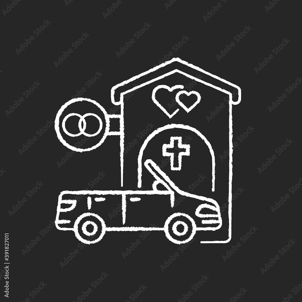 Drive through marriage chapel chalk white icon on black background. Small church for wedding. Car for newlyweds. Marry in Las Vegas. Romantic honeymoon. Isolated vector chalkboard illustration Drive through marriage chapel chalk white icon on black background. Small church for wedding. Car for newlyweds. Marry in Las Vegas. Romantic honeymoon. Isolated vector chalkboard illustration