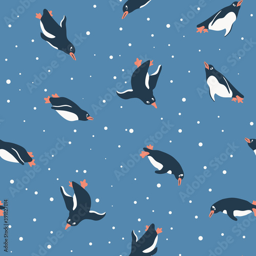 Penguins swimming underwater vector seamless pattern for kids - for fabric, wrapping, textile, wallpaper, background.