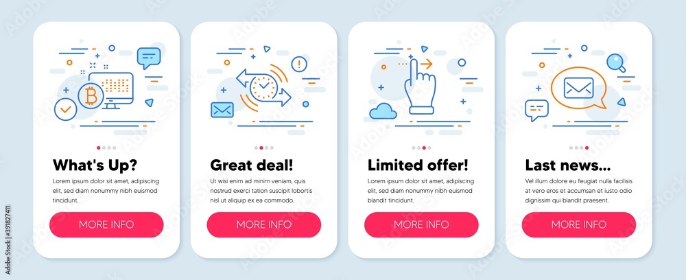 Set of Technology icons, such as Touchscreen gesture, Timer, Bitcoin system symbols. Mobile app mockup banners. Messenger line icons. Slide right, Stopwatch, Cryptocurrency monitor. Vector Set of Technology icons, such as Touchscreen gesture, Timer, Bitcoin system symbols. Mobile app mockup banners. Messenger line icons. Slide right, Stopwatch, Cryptocurrency monitor. Vector
