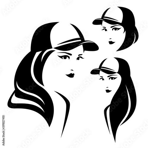 Photography beautiful teenager girl wearing baseball cap - black and white vector portrait o